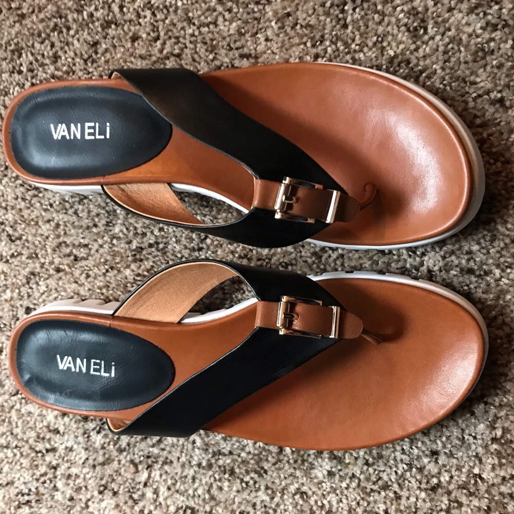 Vaneli Black, tan, white and gold buckle.